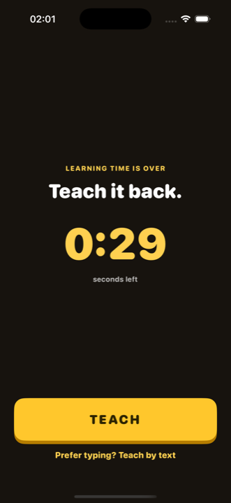 The teach-it-back screen: learning time is over, a countdown, and a TEACH button