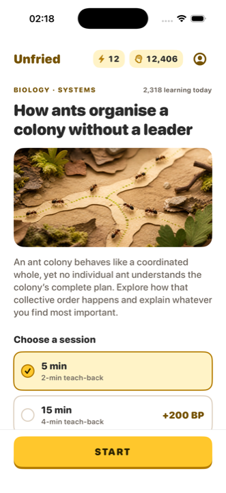 An early Unfried Today screen preview, showing a topic and a START button